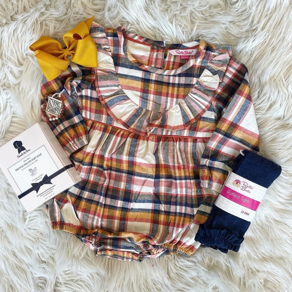 RuffleButts Plaid Hudson bubble romper 3-6m